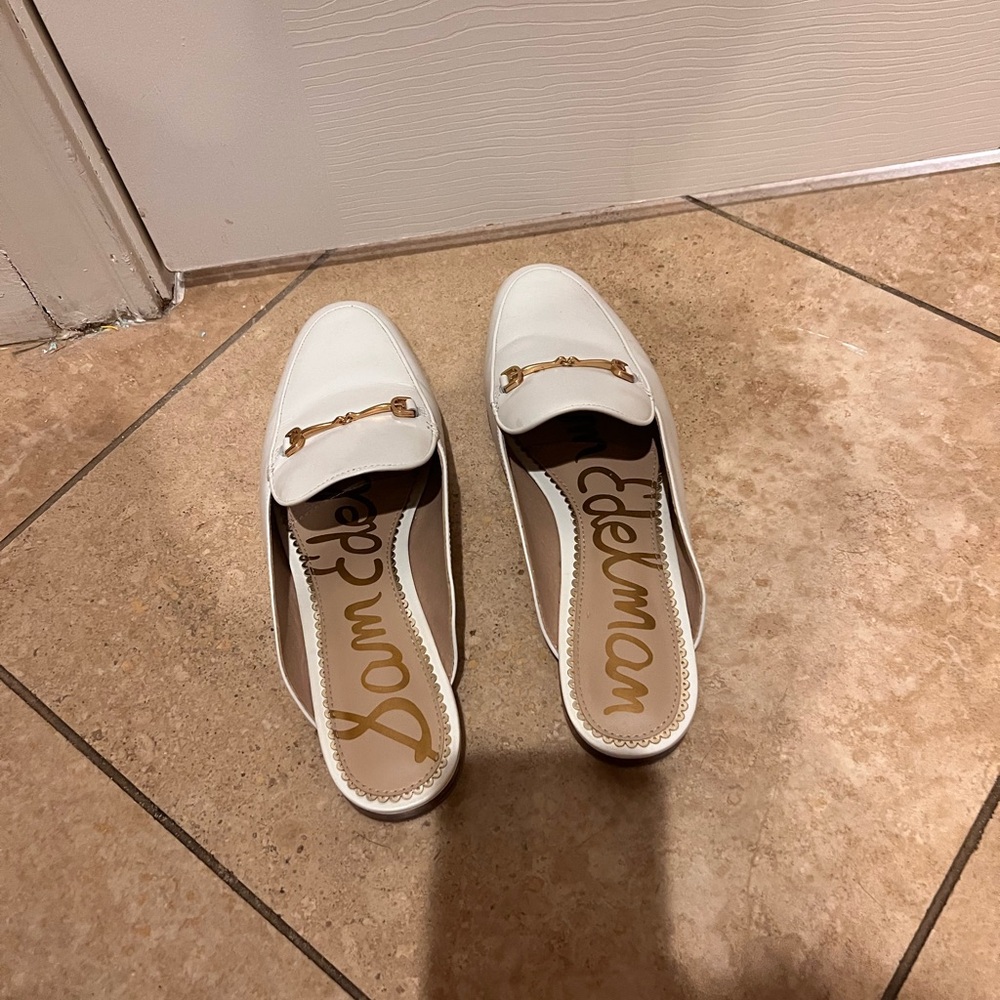 Sam Edelman White Leather Slip-On Loafer Mules with Gold Bit